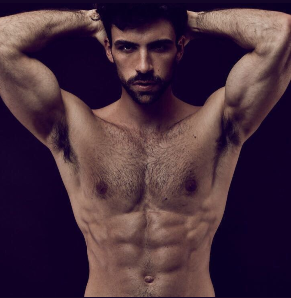 handsome, hunk, hairy, shirtless guy, muscles.