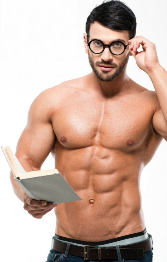 shirtless guy, man with glasses, reading, book